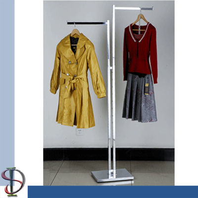2 Arms Chrome Metal Clothing Display Rack With Metal Square Base